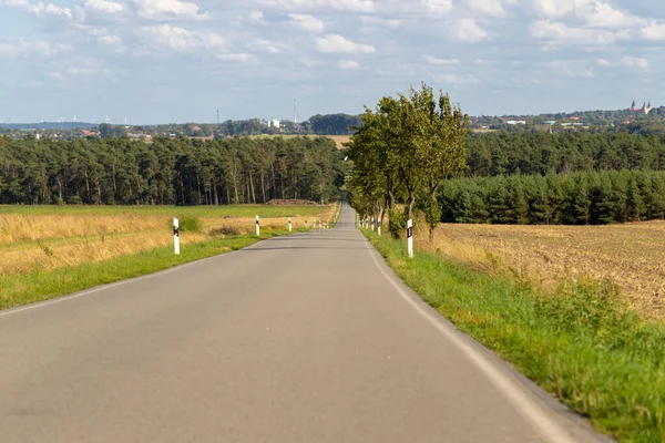 country road through fields and forest to a city.