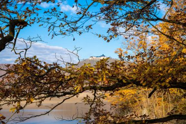 Sonbaharda dallar ve renkli yapraklar arasında bir şato. Yüksek kalite fotoğraf
