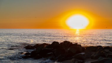 Sahilde gün batımı, deniz kenarında Horizon, kayalar ve kuşlar. Yüksek kalite fotoğraf