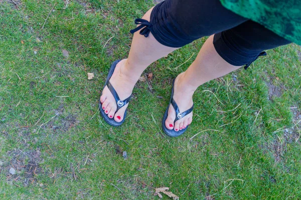 Women's feet in black flip-flops and red nail polish on a lawn. High quality photo