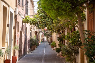 Girit 'teki Rethymnon kasabasında ağaçlar ve bitkilerle dolu dar bir ara sokak. Yüksek kalite fotoğraf