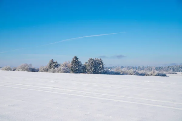 stock image Panorama snow landscape with tracks and blue sky. High quality photo