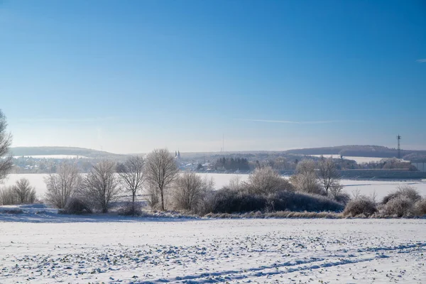 stock image Panorama snow landscape with tracks and blue sky. High quality photo