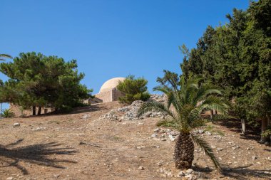 Kuru bir taş zeminde palmiye ağacı ve arka planda bir cami kubbesi, Rethymon Girit kalesi. Yüksek kalite fotoğraf