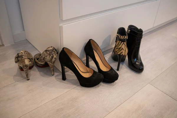 A pair of tall women\'s High Heels in front of a closet, black boots with tiger pattern, black pumps and snakeskin pumps.