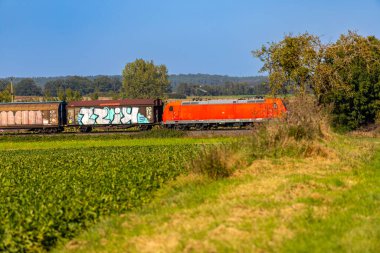Yük vagonlu kırmızı elektrikli lokomotif arazide ilerliyor. Yüksek kalite fotoğraf
