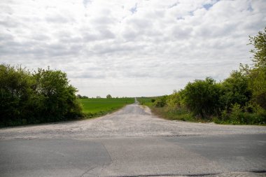 Eylül ayında toprak bir yolda panoramik manzara mısır, kolza tohumu, şeker pancarı ve çok az ağaçla. Yüksek kalite fotoğraf