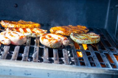 Salamura domuz bifteği ve ızgarada alevler içinde tavuk bifteği. Yüksek kalite fotoğraf