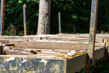 Ormandaki ağaç gövdeleri için eski karavanın yakın çekimi. Yüksek kalite fotoğraf