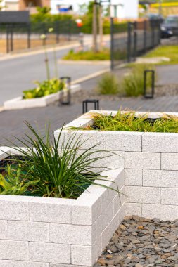 İçi ot dolu doğal taş tuğlalardan yapılmış kaldırılmış yatak, arka planda sokak. Yüksek kalite fotoğraf