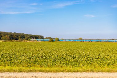 Mavi arabalı uzun bir trenin panoraması. Yüksek kalite fotoğraf