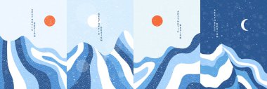 Vektör el çizimi illüstrasyon. Soyut düz minimalist tasarım seti. Kış soğuk kar mevsimi. Retro doğa grafiği. Gökyüzü açık. Elle çizilmiş dağlar. Poster, düzen, kitap kapağı için tasarım
