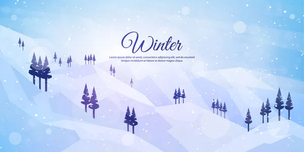 Vector illustration. Flat landscape. Snowy background. Snowdrifts. Snowfall. Clear blue sky. Blizzard. Cartoon wallpaper. Cold weather. Winter season. Forest trees and mountains. Design for website