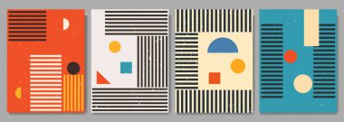 Vektör çizimi. Çağdaş grafikler. Geometrik şekiller. Çizgili arka planlar ayarlandı. 50 'ler, 70' ler eski moda. Poster, kartpostal, kitap kapağı, dergi, tasarım, broşür