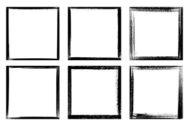 Vektör çizimi. Grunge tarzı kenarlar. Kirli çerçeve, beyaz arka planda siyah boya izi var. Sosyal ağ şablonu, web afişi, blog iletisi için tasarım ögeleri. Mürekkep fırçası darbeleri