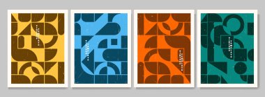 Vektör çizimi. Çağdaş modern sanat posterleri koleksiyonu. Düz geometrik desen. Kartpostal, kitap kapakları, broşürler, davetiye kartları, el ilanları, afişler için tasarım. Çember, kare, üçgen şekiller