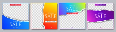 Vector illustration. Torn paper effect. Color gradient color banner collection. Design element for social media template, web banner, blog post, advertisement mockup. Decorative realistic 3d concept clipart