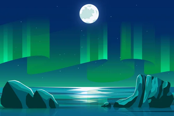 Tengeri Óceán Táj Éjjel Zöld Aurora Háttér Vektor Illusztráció — Stock Vector