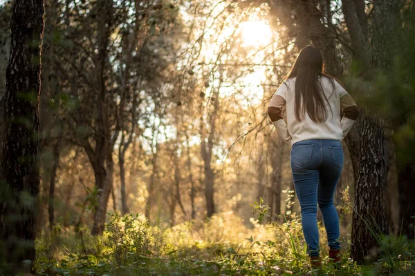 young girl relaxes walking through a beautiful forest at sunset
