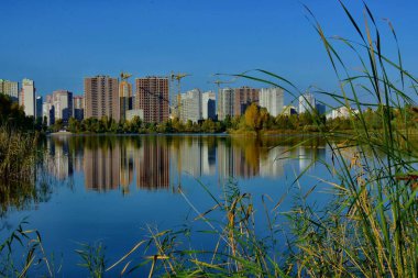 modern buildings with reflection on lake