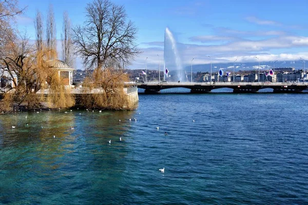 Genf Svájc 2023 Február Gyönyörű Kilátás Hídra Vízsugár Szökőkútra Leman — Stock Fotó