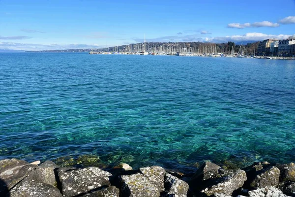 Genebra Suíça Fevereiro 2023 Barcos Iates Porto Genebra Lago Leman — Fotografia de Stock