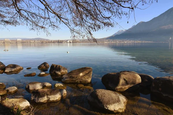 Vista Panorámica Del Lago Annecy Con Costa Rocosa —  Fotos de Stock