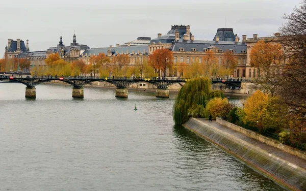 Párizs Franciaország November Látványos Kilátás Párizsi Városra Szajna Mentén Közlekedő — Stock Fotó
