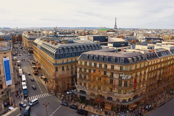 stock image Paris, France - November 27, 2022: Aerial view of Boulevard Haussmann in Paris city, France