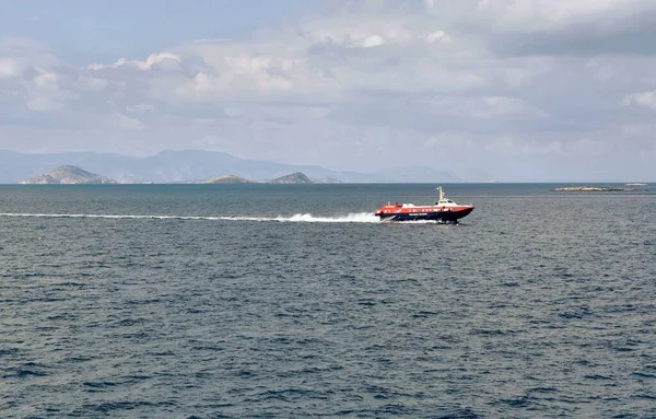 Stock image Saronic gulf, Attica, Greece - October 19, 2021: Water taxi cruising from Agistri island to Aegina island port