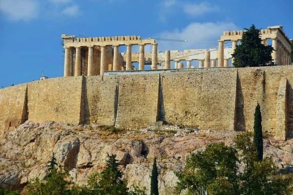 Starożytne Greckie Ruiny Ateńskiego Akropolu Słynny Zabytek Temat Podróży Grecji — Zdjęcie stockowe