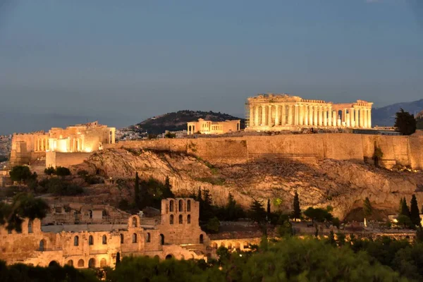 Vista Nocturna Construcción Partenón Herodio Colina Acrópolis Atenas Grecia —  Fotos de Stock