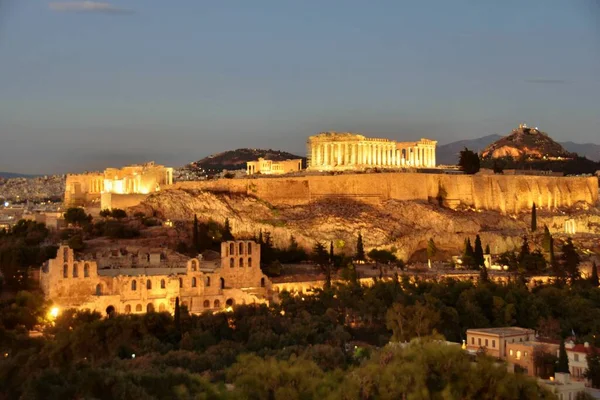 Éjszakai Kilátás Parthenon Herodium Építése Acropolis Hill Athén Görögország — Stock Fotó