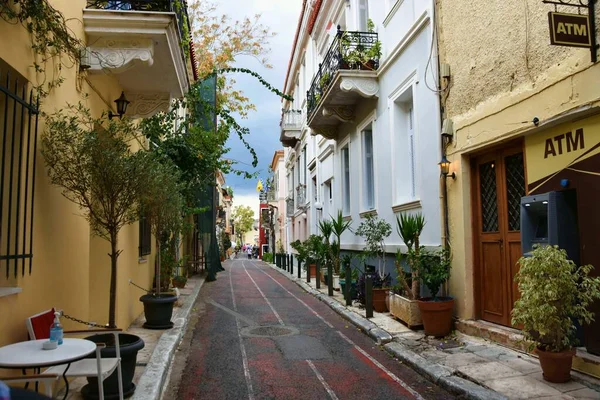 Athén Görögország 2021 Október Házak Megtekintése Plaka Kerület Szűk Utcájában — Stock Fotó