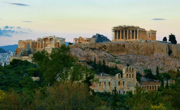 Vista Atardecer Construcción Partenón Herodio Colina Acrópolis Atenas Grecia — Foto de Stock