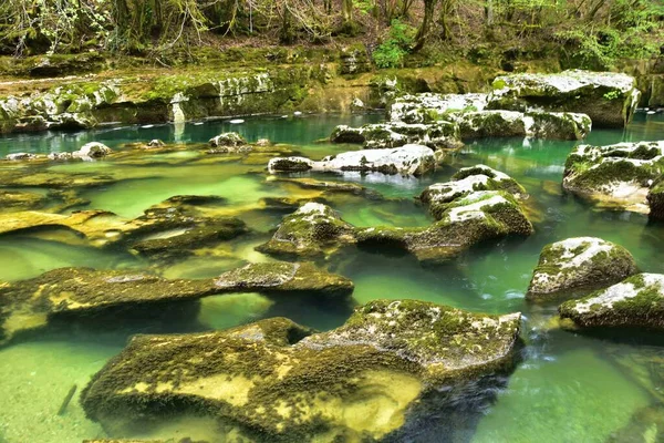 Dağ nehri Valserine İlkbaharda Rhone-Alpes, Fransa