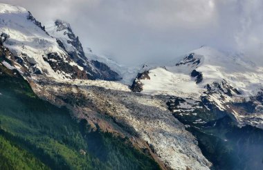 Mont Blanc zirvesi ve kuzey cephesinin manzarası, Dome de Gouter, ve Bossons buzullarının labirentleri ve seraklari..