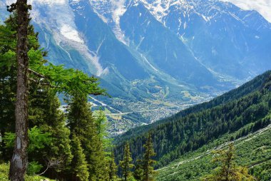 Chamonix vadisi ve dağlarının doğal manzarası.