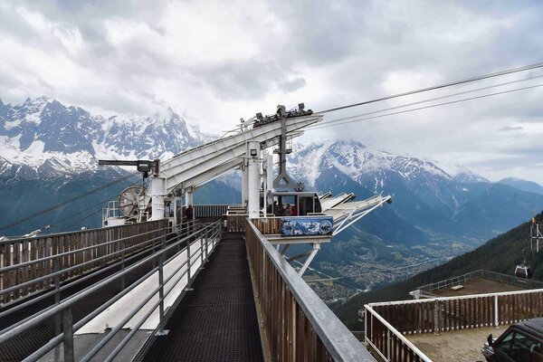 Le Brevent, France - 19th June, 2023: Cable car at Brevent-Flegere ski region at summer time 