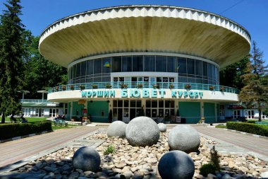Morshyn, Ukraine - 06 July 2021: Pump room of mineral waters in the city of Morshyn. Morshyn city park. Morshyn Balneological Resort.