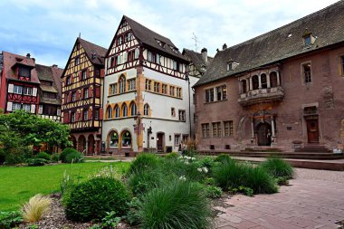 Colmar, Fransa - 24 Haziran 2024: Colmar, Fransa 'da canlı cepheli eski Alsas evlerinin resimli bir sahnesi