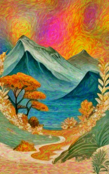 山や森の風景です 自然の水彩画 手描き 印刷可能なアート — ストック写真