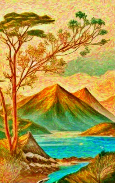 Dağlarla ve ormanlarla dolu bir manzara. Doğanın suluboya resmi. El çizimi, basılabilir sanat. 