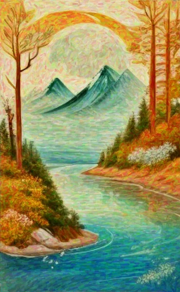 Τοπίο Βουνά Και Δάση Υδατογραφία Της Φύσης Χειροποίητη Εκτυπώσιμη Τέχνη — Φωτογραφία Αρχείου