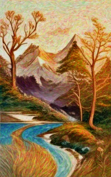 Dağlarla ve ormanlarla dolu bir manzara. Doğanın suluboya resmi. El çizimi, basılabilir sanat. 