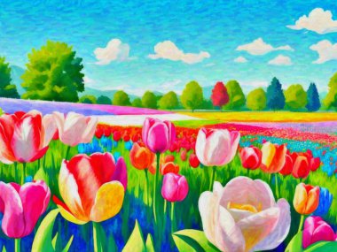 Original watercolor painting of colorful tulip field in the meadow, Spring landscape. Modern Impressionism. Hand-Drawing. clipart