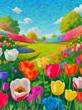 Original watercolor painting of colorful tulip field in the meadow, Spring landscape. Modern Impressionism. Hand-Drawing. clipart
