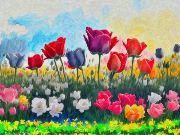 Original Akvarell Målning Färgglada Tulpanfält Ängen Spring Landskap Modern Impressionism — Stockfoto