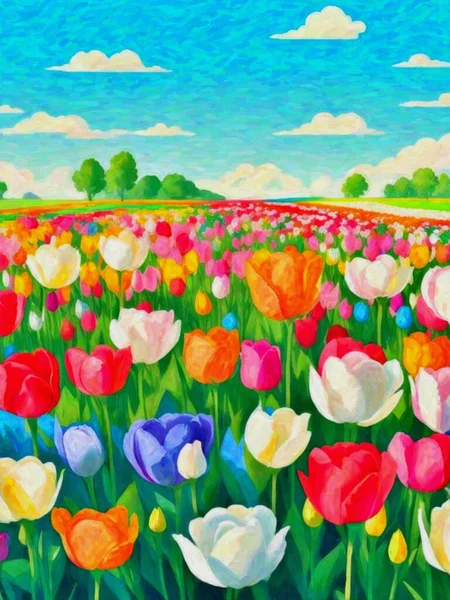 Oryginalny Akwarelowy Obraz Kolorowego Pola Tulipanowego Łące Wiosenny Krajobraz Współczesny — Zdjęcie stockowe