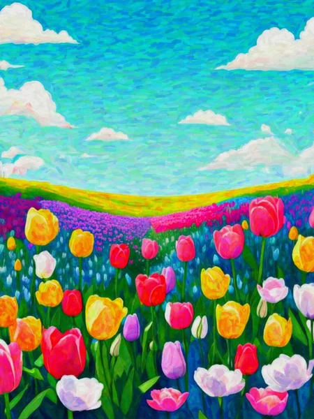 Pintura Original Acuarela Colorido Campo Tulipanes Prado Paisaje Primavera Impresionismo —  Fotos de Stock